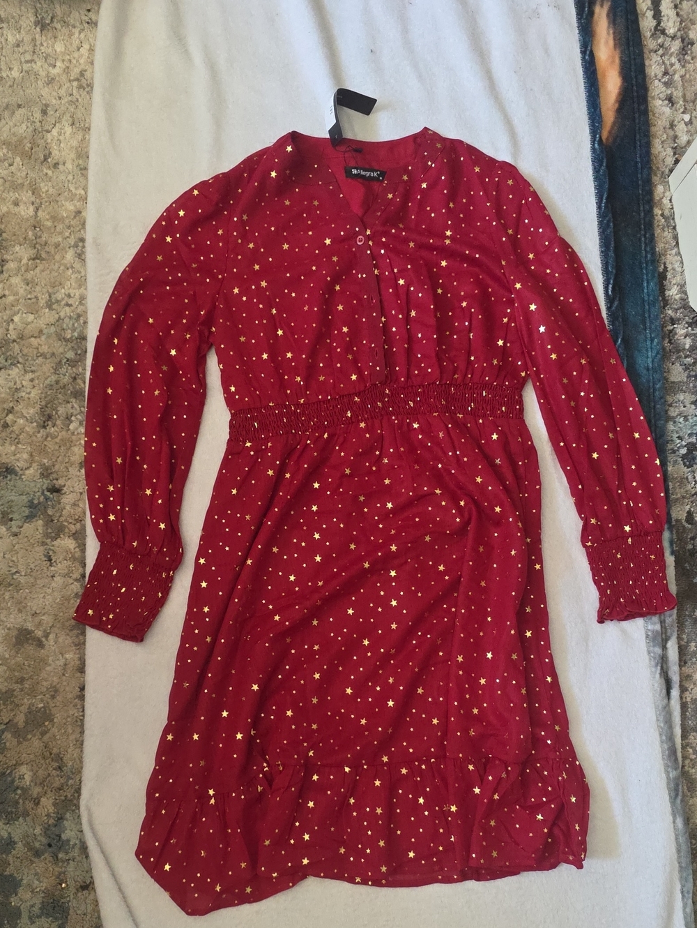 Windsor Red Star-Print Long Sleeve Smocked Waist Dress